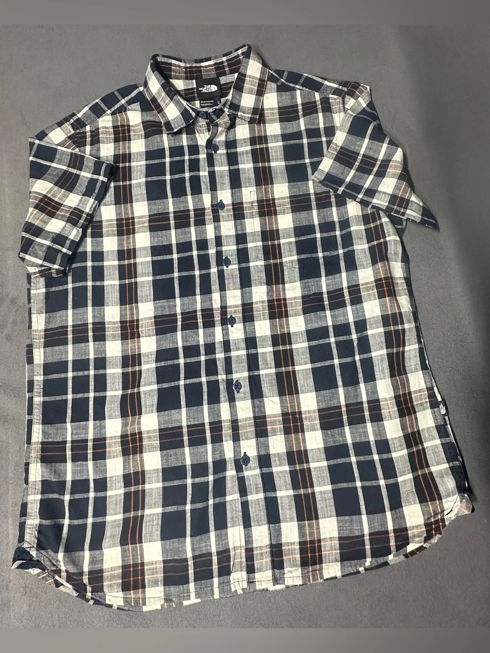 The North Face Men's Navy, White & Brown Plaid Short-Sleeve Button-Down Shirt
